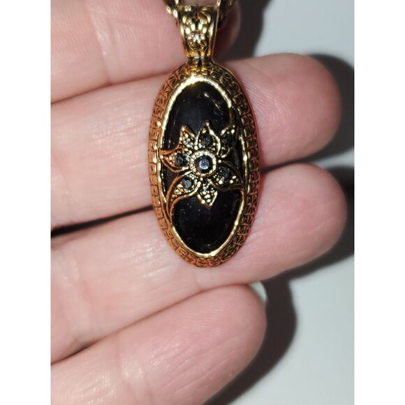 Antiqued Gold Tone Marcasite Flower Oval Pendant Braided Chain - Picture 3 of 10